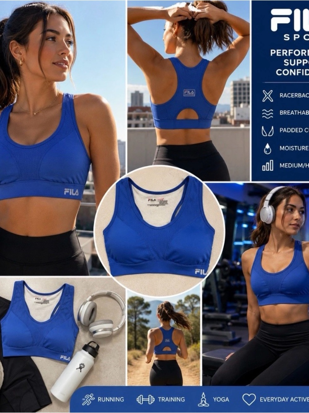 Fila Sport Running Bra Large Blue Racerback High Support Athleisure Y2K Fitness